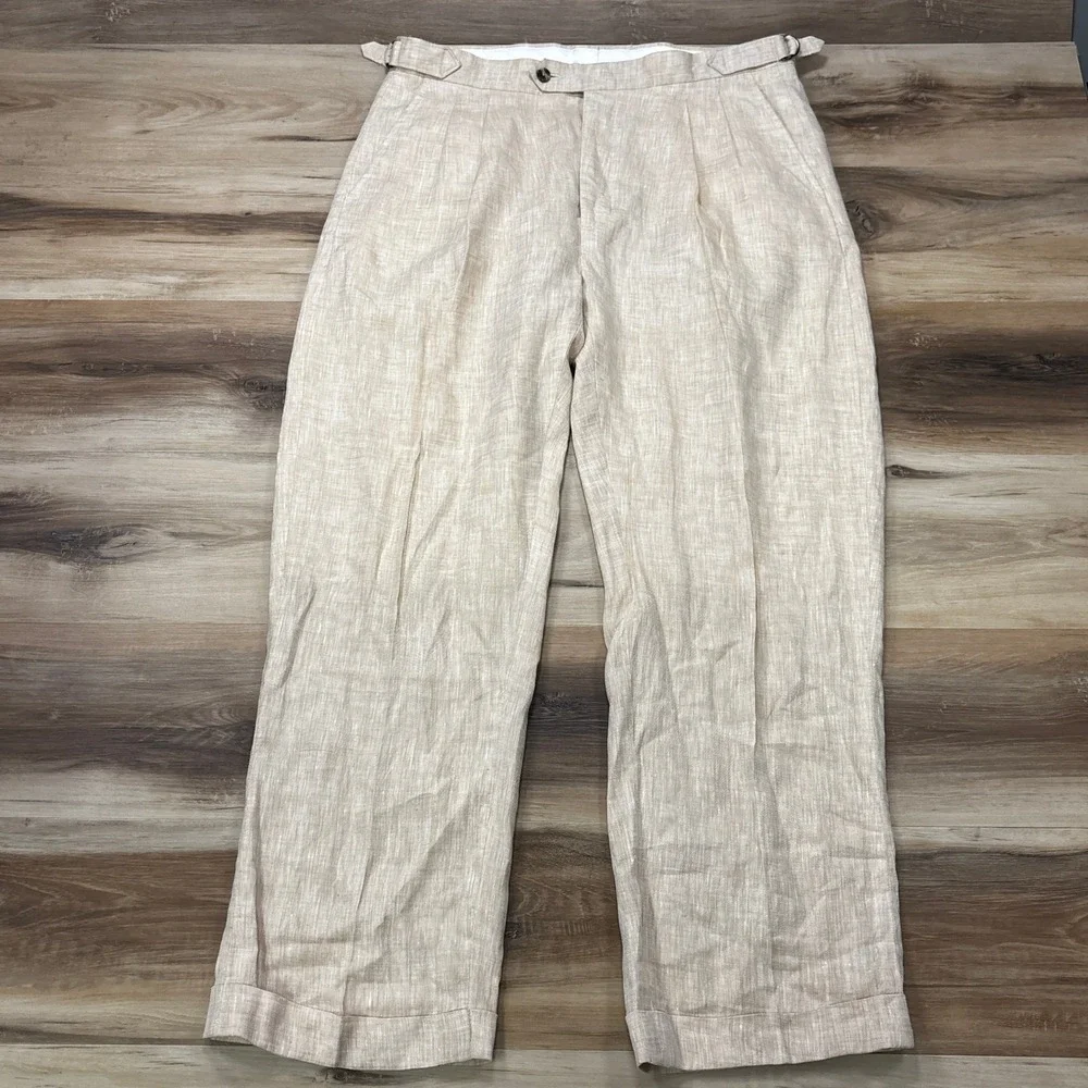 Paul Fredrick Pleated Trousers Size 35 Linen Side Tab Relaxed Fit Beige Tan